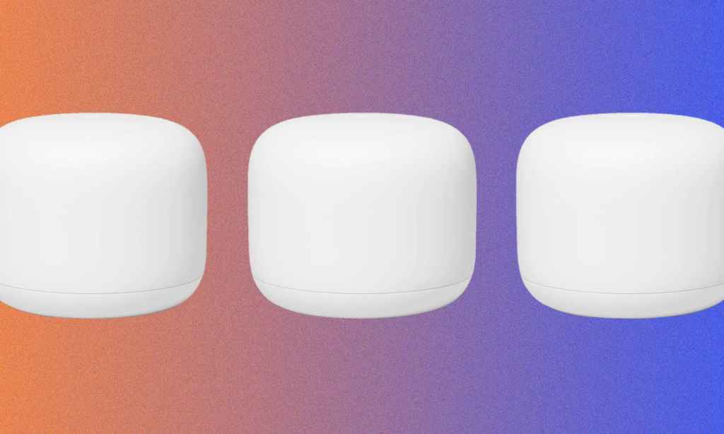 Three Google Nest Wifi Routers against an orange and blue background.