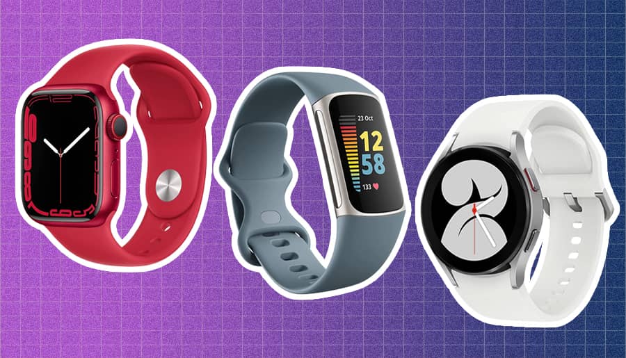 The Apple Watch Series 7, Fitbit Charge 5 and Samsung Galaxy Watch4 smartwatch.