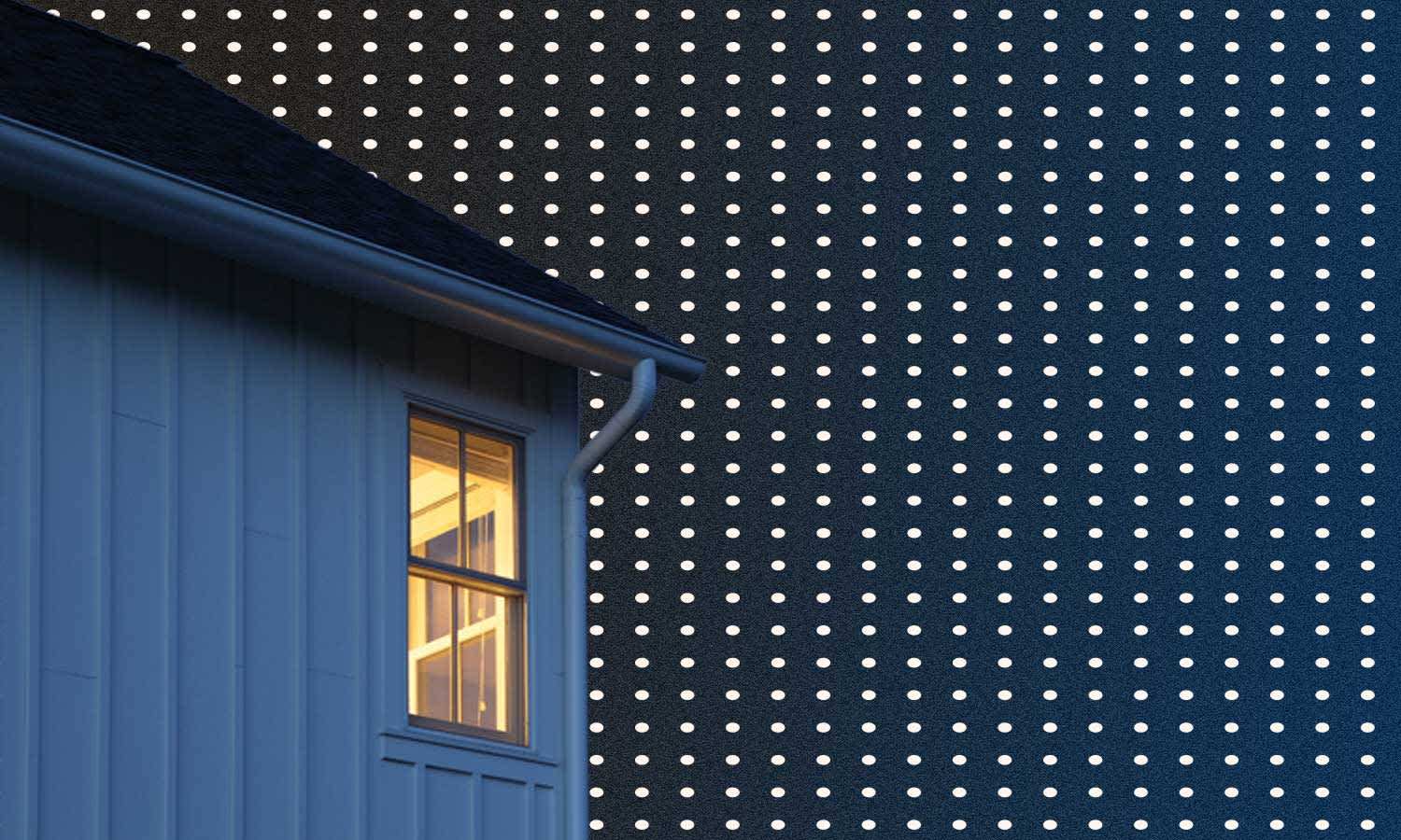 darkened house on a dark blue background with white polka dots